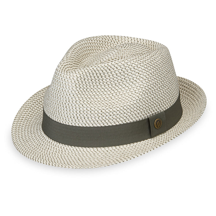 Front of fedora style sun hat by Wallaroo, Ivory/Olive