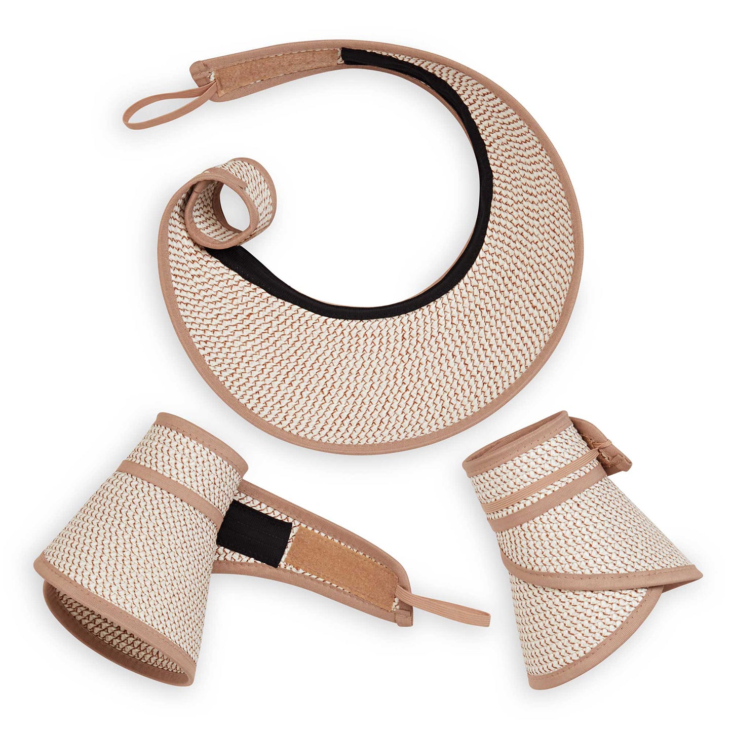 Packing view of women's Charlie Visor that is packable and features adjustable velcro strap, Ivory/Taupe