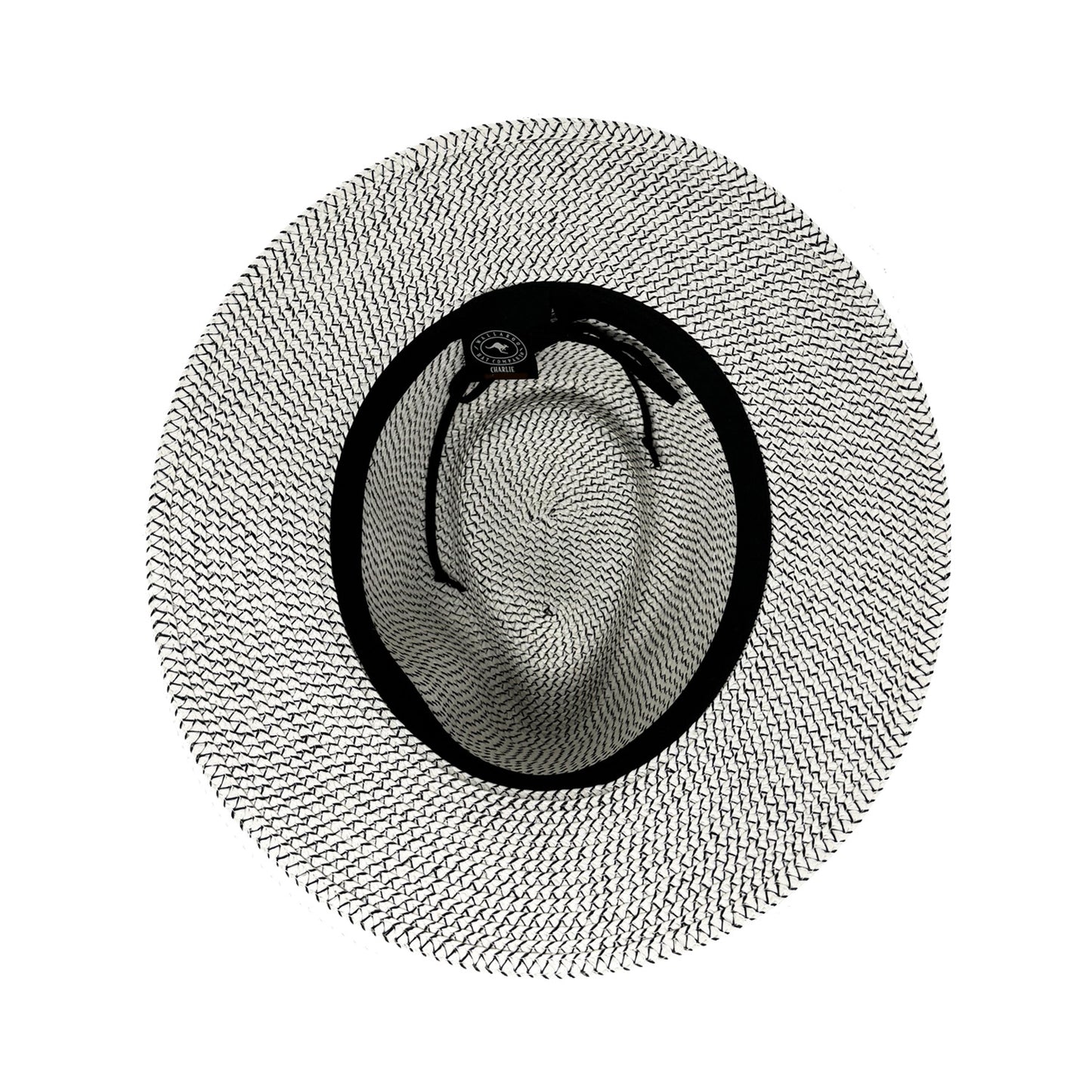 Inside view of Charlie fedora in ivory/black with drawstring for adjustability. 