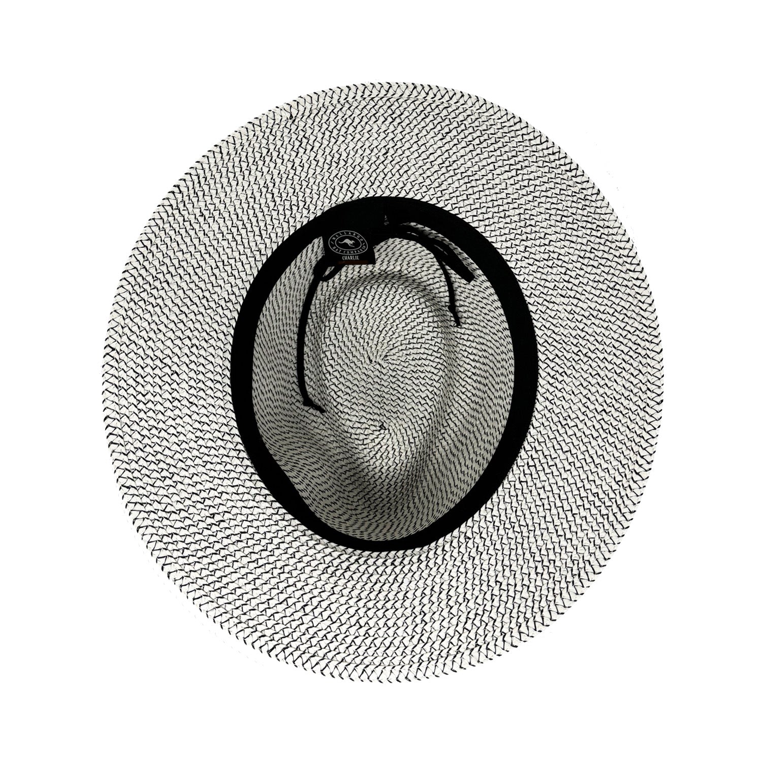Inside view of Charlie fedora in ivory/black with drawstring for adjustability. 