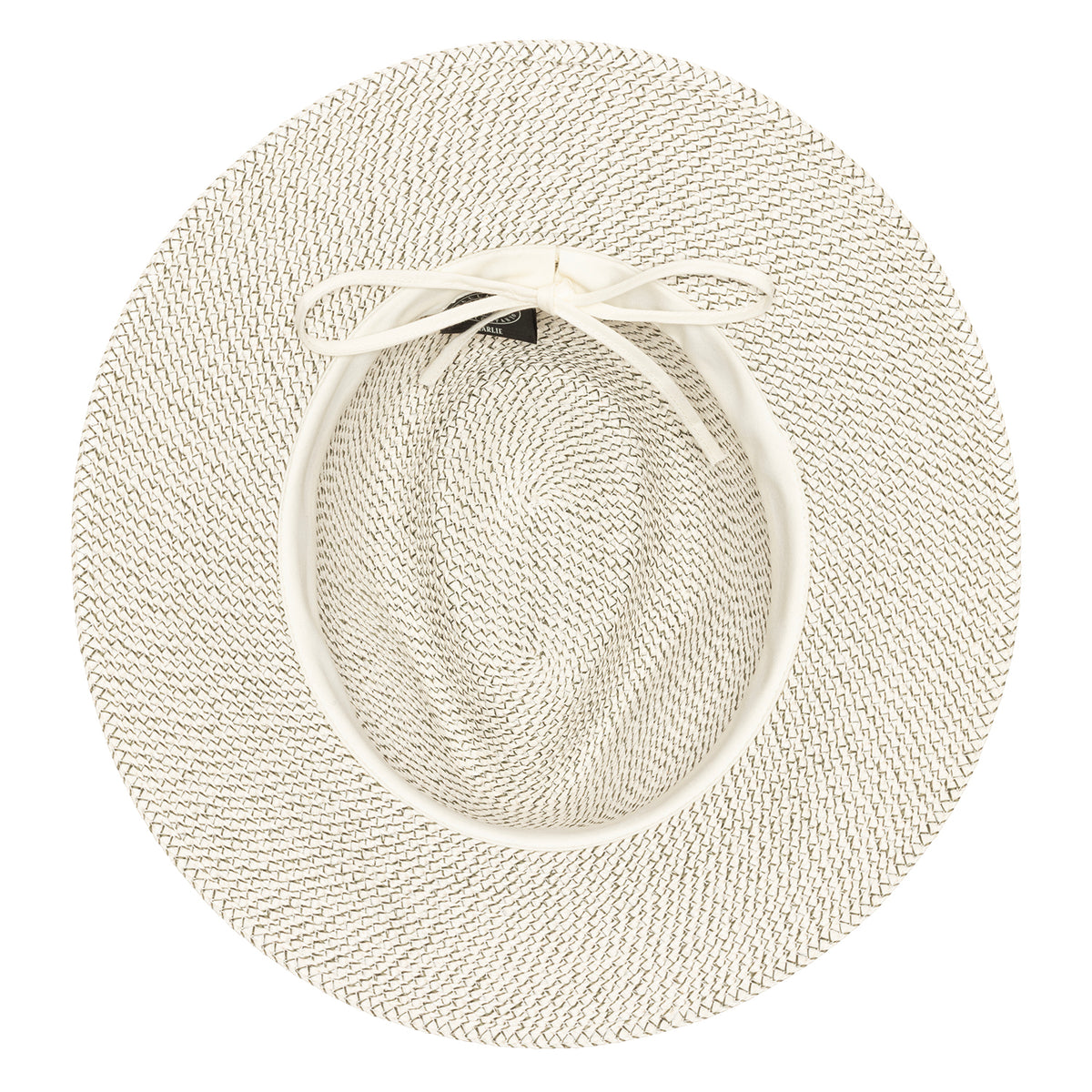 Top-down view of the inside of the Charlie UPF 50+ hat in olive, showing an adjustable drawstring tied in a bow for a perfect fit.