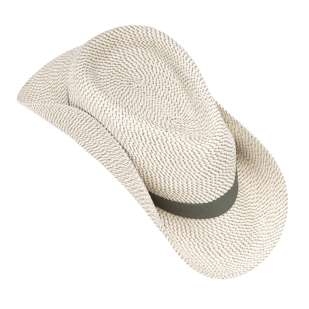 Packing view of the Charlie UPF 50+ hat in olive with a dark green band and a small metal brand plaque, shown against a plain white background.