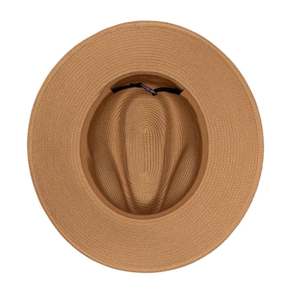 Top-down interior view of the Carkella Colin fedora hat in camel, showing an adjustable elastic inner band with a toggle fastener for a customized fit.
