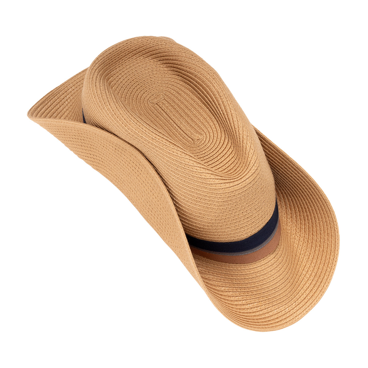 The Carkella Colin fedora hat in camel, shows the "soft taco fold" packing method with the sides of the brim folded inward for easy travel.
