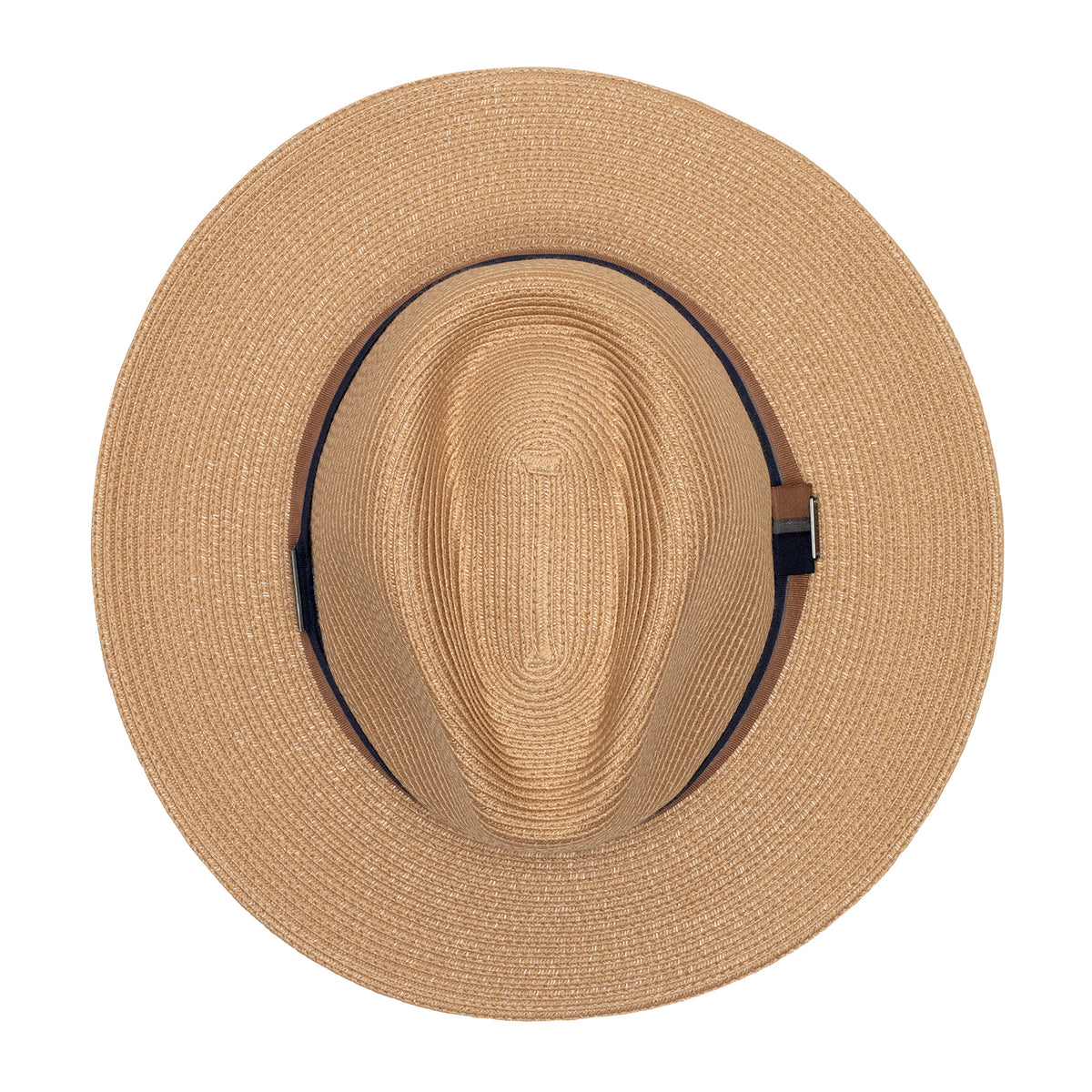 Top-down view of the Carkella Colin fedora hat in camel, showing the circular wide brim, centered crown crease, and dark blue and brown ribbon band against a white background.