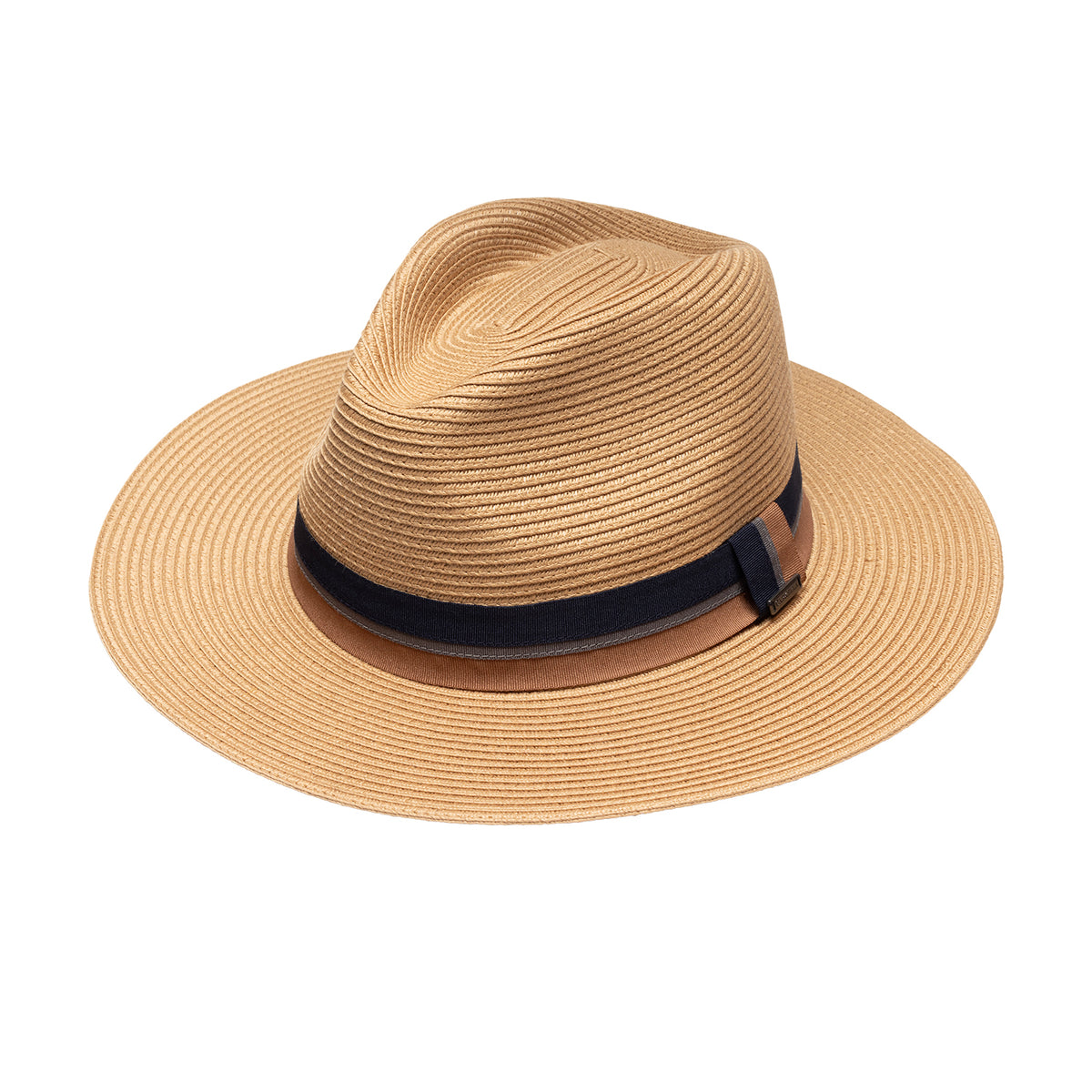 The Carkella Colin fedora hat in camel, showing a woven straw texture, brown and dark blue ribbon band around the crown of the hat, and wide flat brim against a white background.