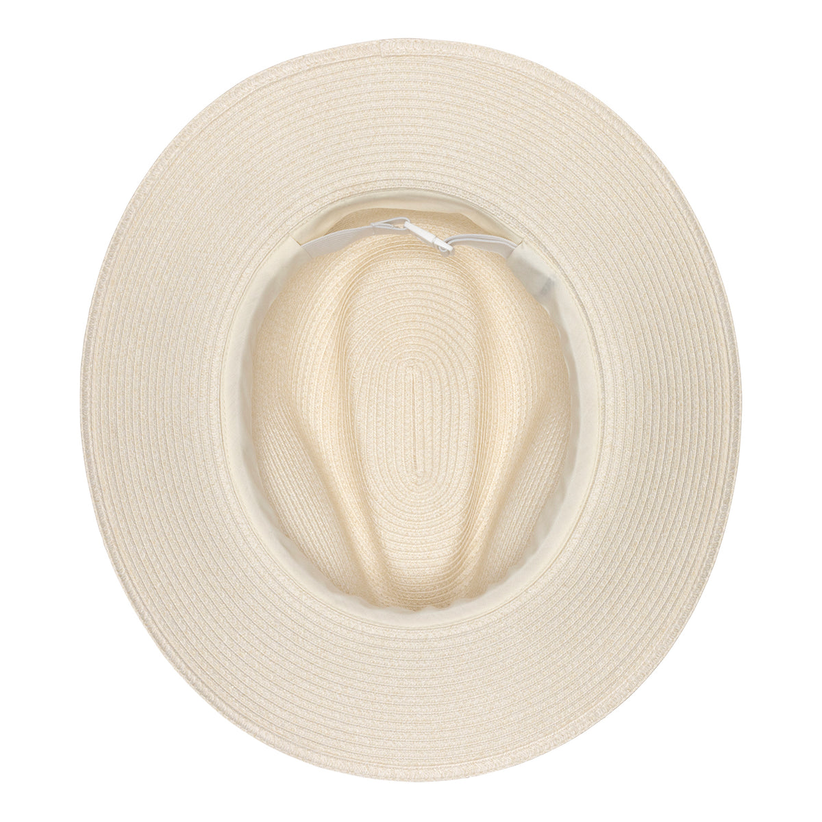 Top-down interior view of the Carkella Colin fedora hat in ivory, showing an adjustable elastic inner band for a customized fit.