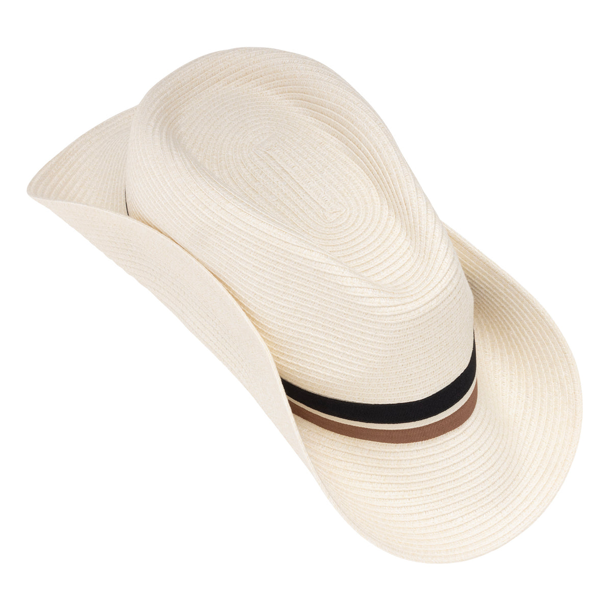 The Carkella Colin fedora hat in Ivory, shows the soft taco fold packing method with the sides of the brim folded inward for easy travel.