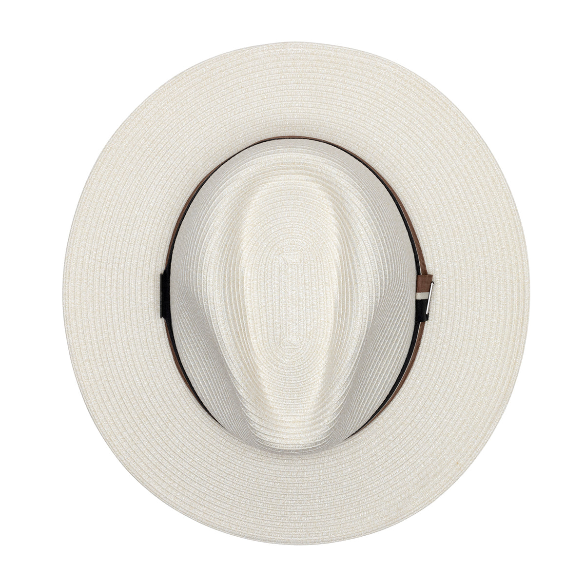 Top-down view of the Carkella Colin fedora hat in ivory, showing the circular wide brim, centered crown crease, and black and brown ribbon band against a white background.