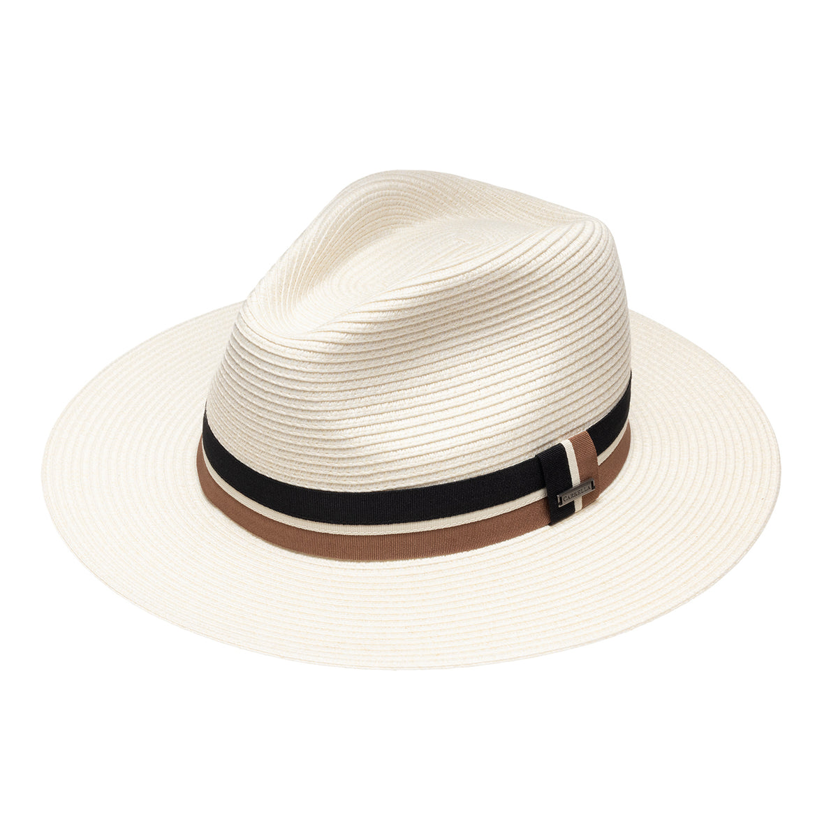 The Carkella Colin fedora hat in ivory, showing a woven straw texture, black and brown ribbon band around the crown of the hat, and wide flat brim against a white background.