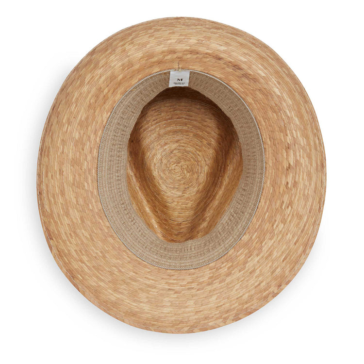 Interior of the Cortez artisan straw sun hat, with a fedora trilby style by Wallaroo, Camel