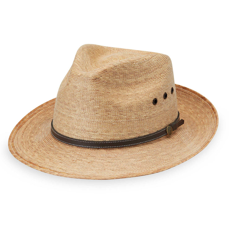 Fedora trilby style Cortez straw summer sun hat made with all-natural fiber by Wallaroo, Camel