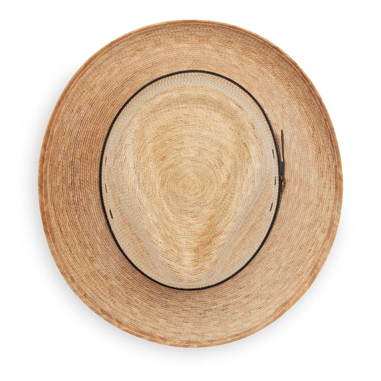 Top of Cortez artisan straw summer sun hat, a fedora trilby made from all-natural fiber, Camel