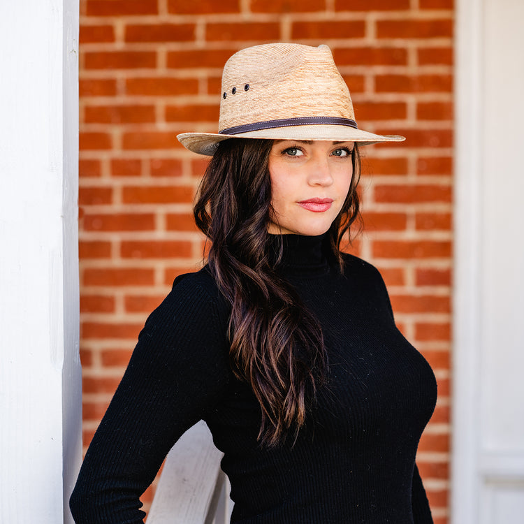 Woman wearing a fedora style sun protection hat by Wallaroo, Camel