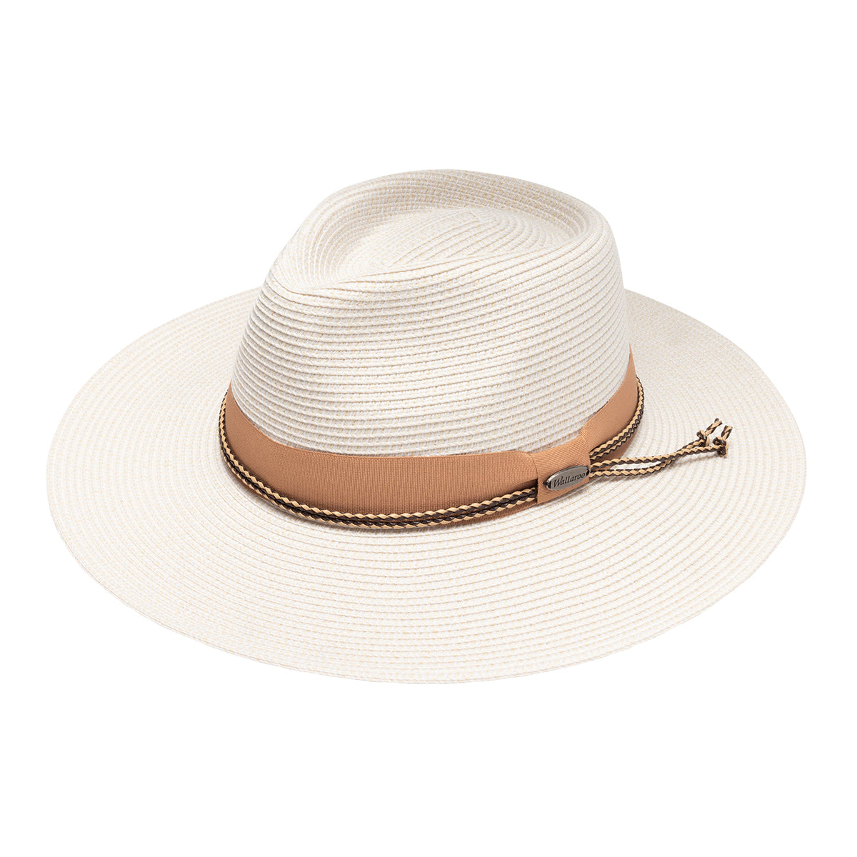The Wallaroo Cypress fedora hat in mixed ivory with a tan band and a braided brown and beige rope detail around the crown is shown on a solid white background.