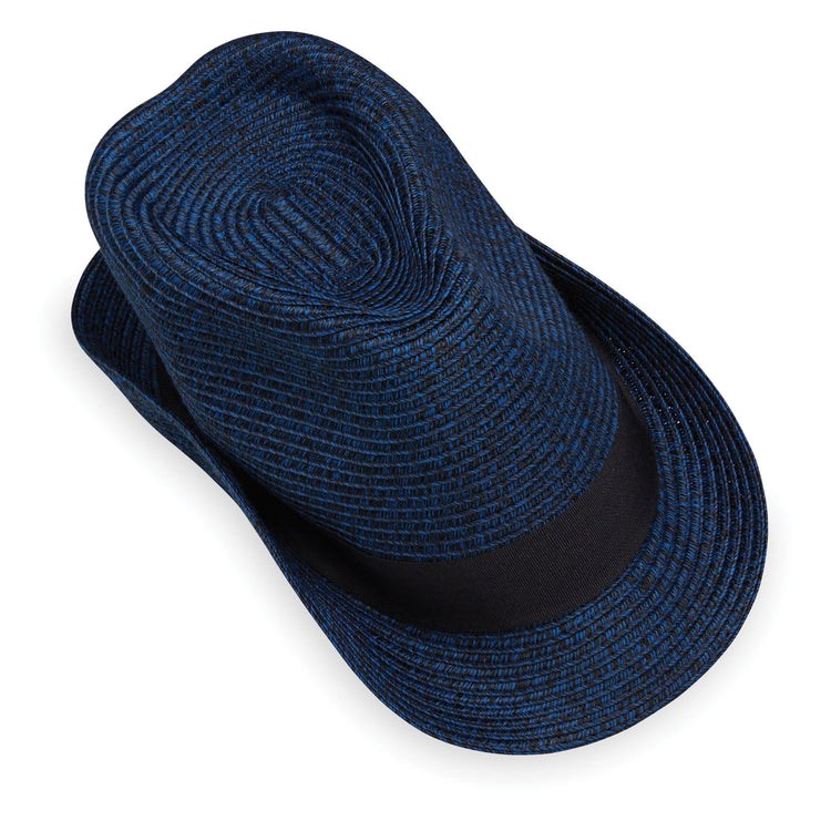 Packing view of the Carkella Del Mar trilby style fedora in Mixed Navy