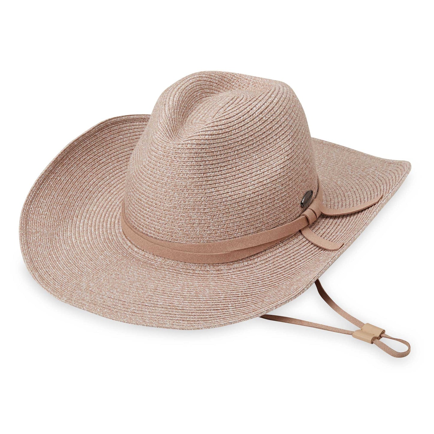 Front of women's Denver cowboy packable travel sun hat with chinstrap, Taupe