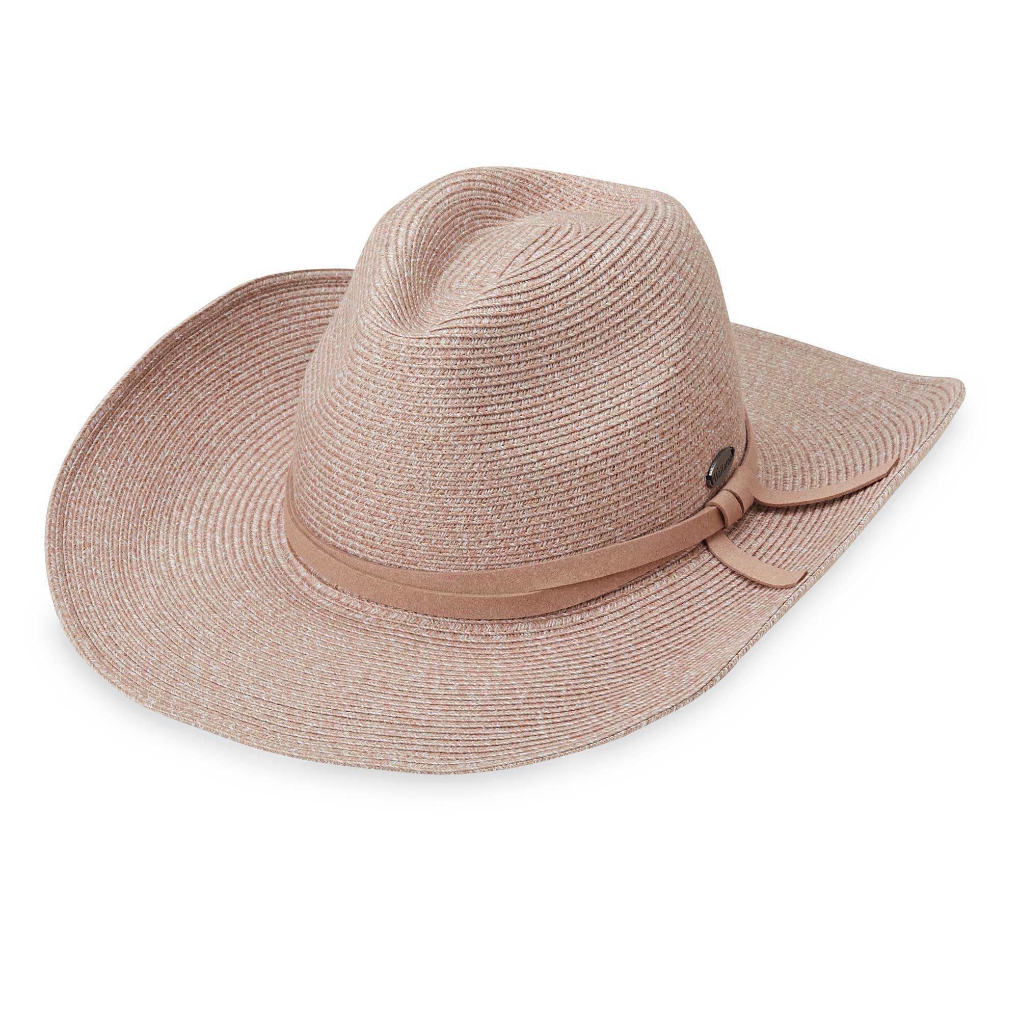 Front of women's Denver cowboy packable travel sun hat, Taupe