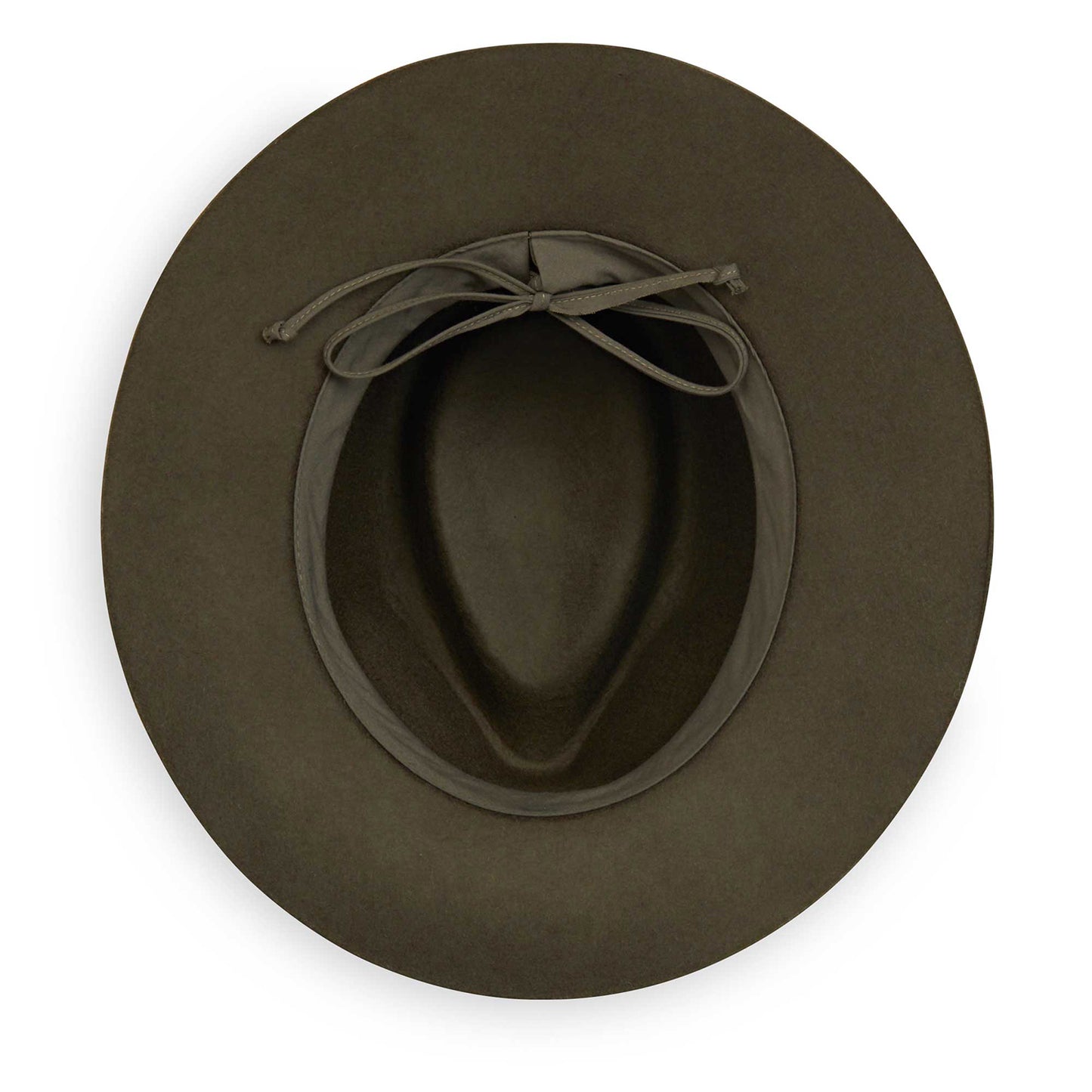 Inside view of Durango fedora winter sun hat made from wool-felt material with a UPF 50+ rating, Olive
