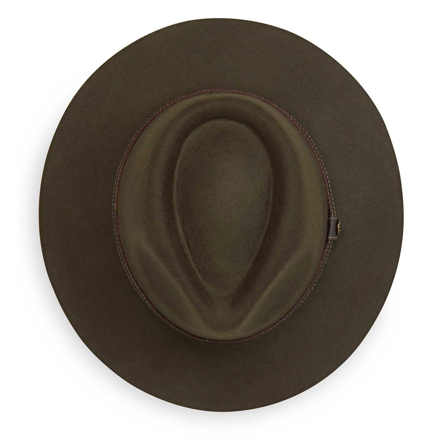 Top view of Durango fedora winter sun hat made from wool-felt material with a UPF 50+ rating, Olive
