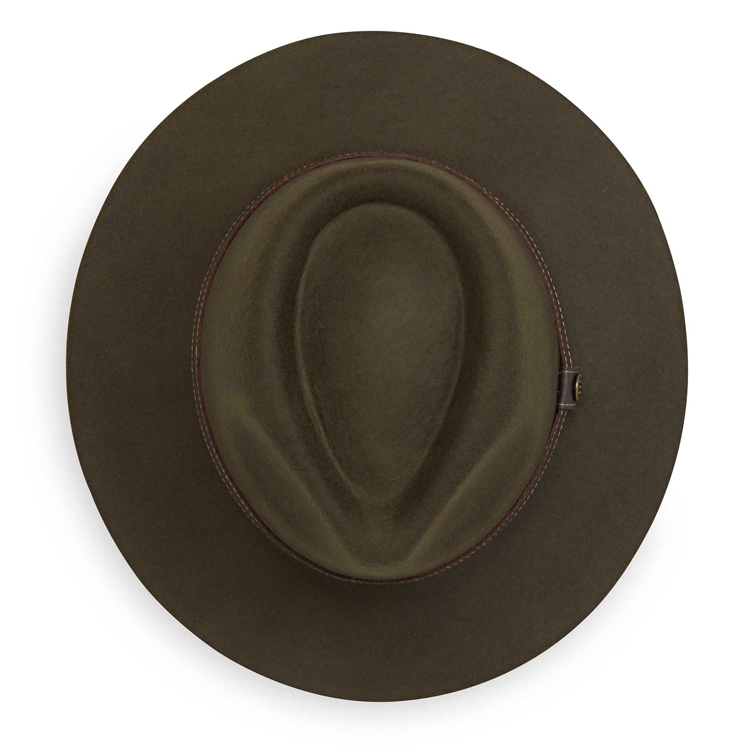 Top view of Durango fedora winter sun hat made from wool-felt material with a UPF 50+ rating, Olive