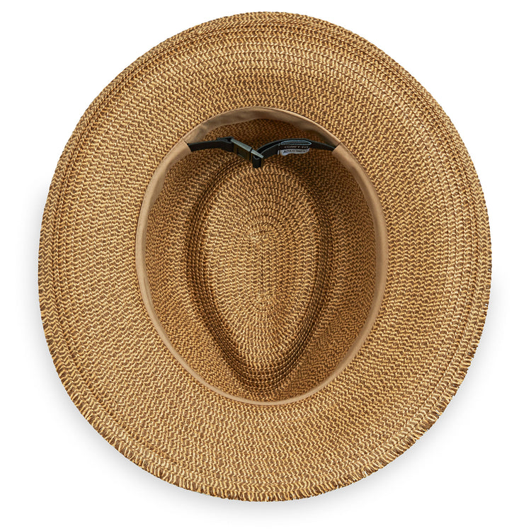 Inside of Women's wide brim summer sun hat by Wallaroo in Camel