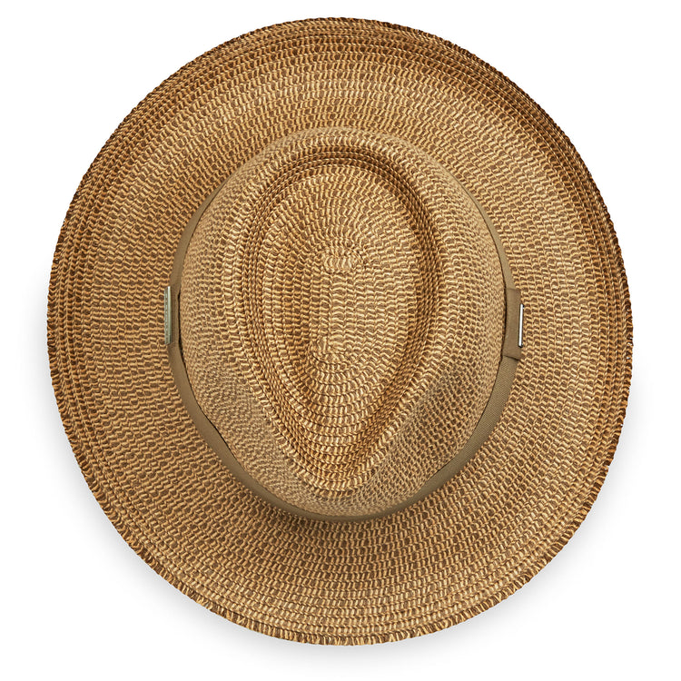 Top of women's wide brim summer sun hat by Wallaroo in Camel