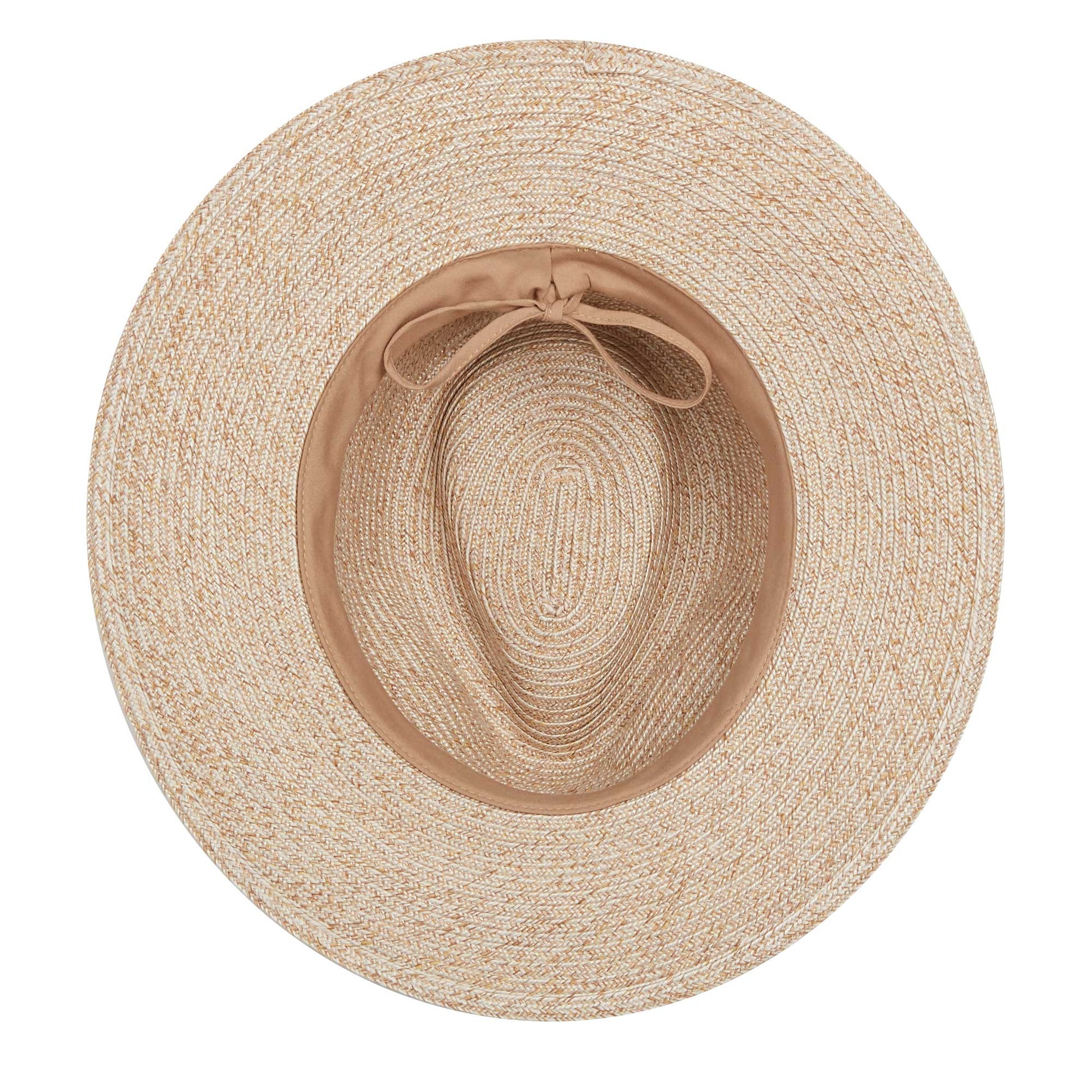 Inside of men's Everett bamboo fedora travel sun hat, Mixed Camel