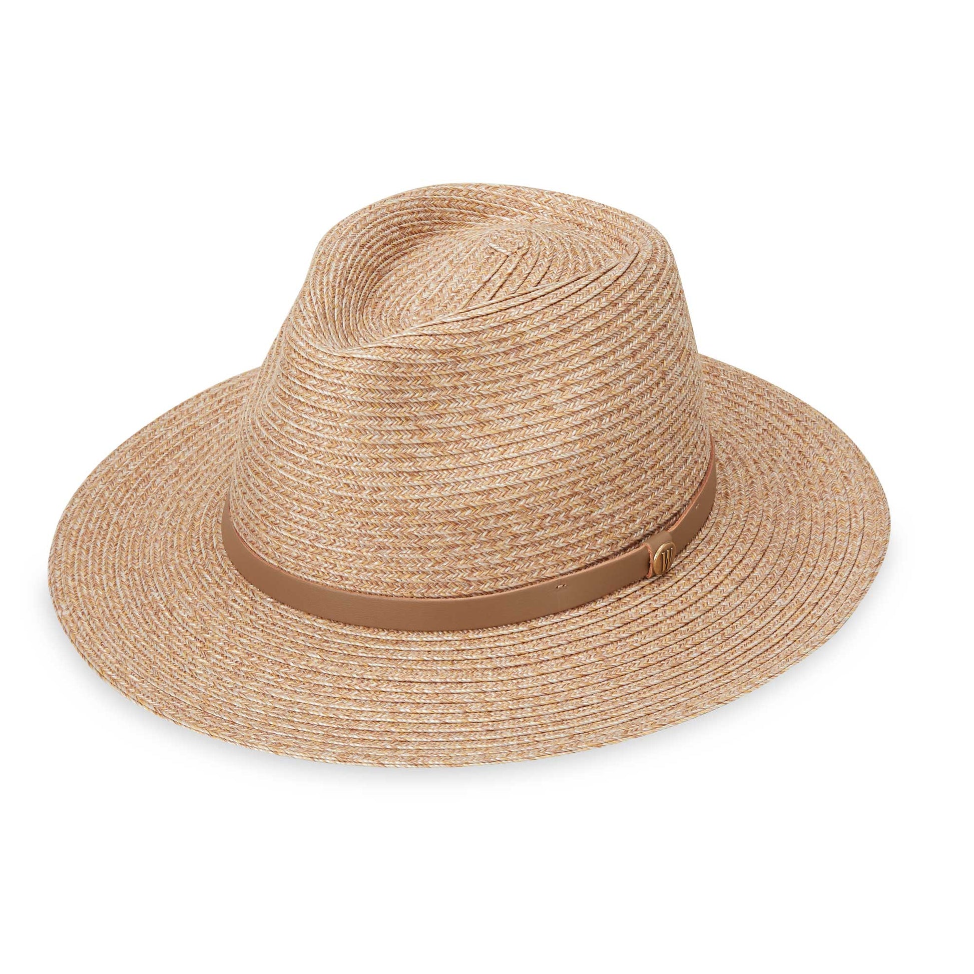 Front of men's Everett bamboo fedora travel sun hat, Mixed Camel