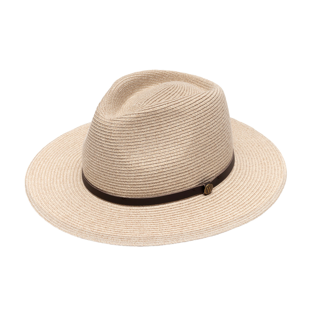 The Wallaroo Finn fedora hat in mixed camel with a dark brown band around the crown and a small gold-tone emblem is shown on a plain white background.