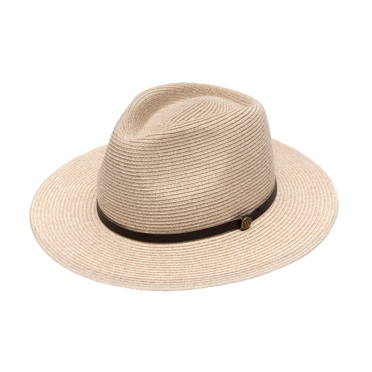 The Wallaroo Finn fedora hat in mixed camel with a dark brown band around the crown and a small gold-tone emblem is shown on a plain white background.