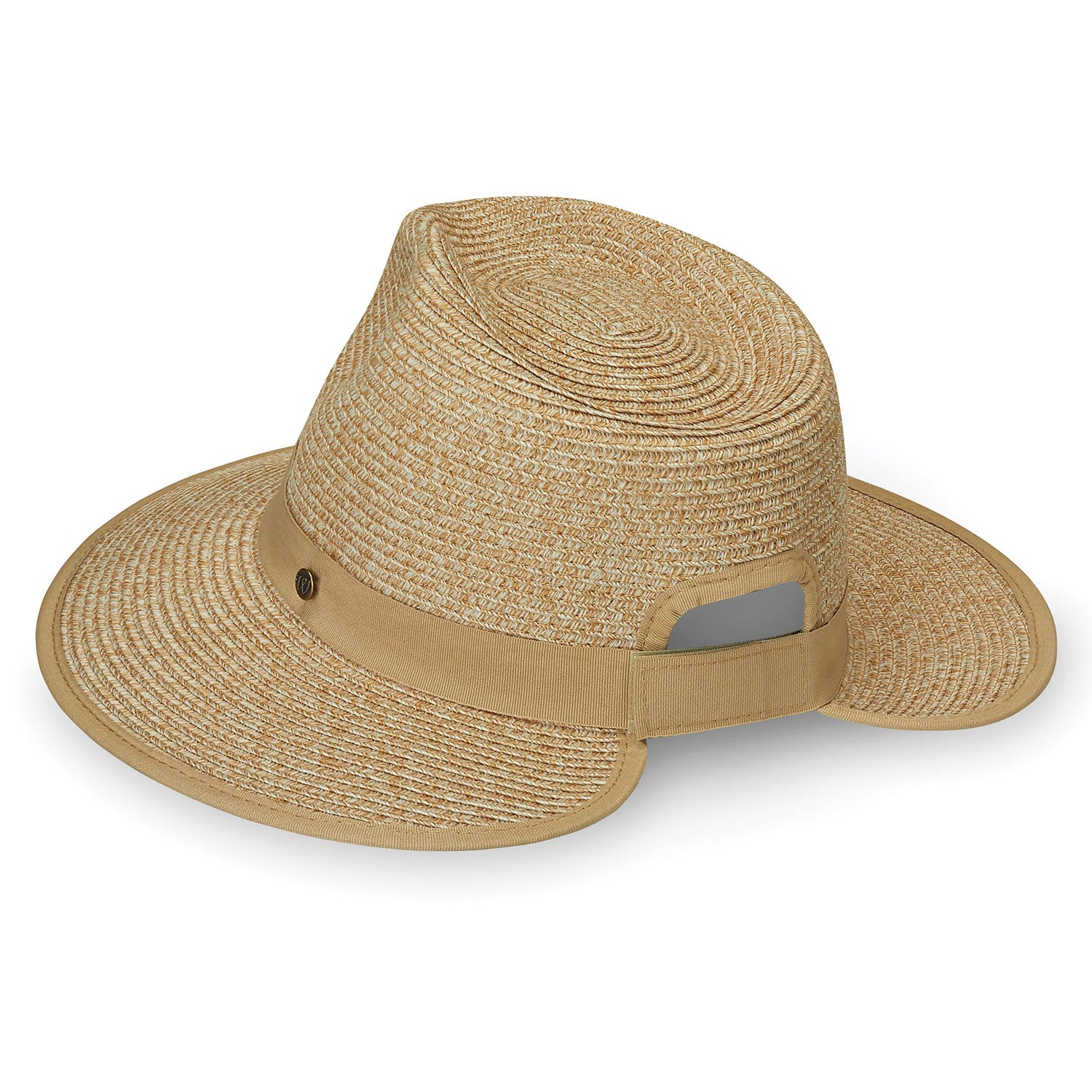 Back view of Women's Gabi ponytail Flexi-Weave fedora in beige.