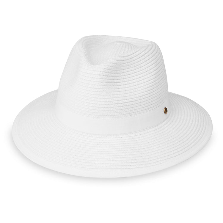 Gabi Women's fedora sun hat with ponytail slot by Wallaroo, wide brim for sun protection, perfect for outdoor activities and summer vacations, White