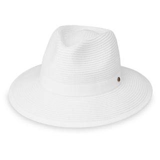 Gabi Women's fedora sun hat with ponytail slot by Wallaroo, wide brim for sun protection, perfect for outdoor activities and summer vacations, White