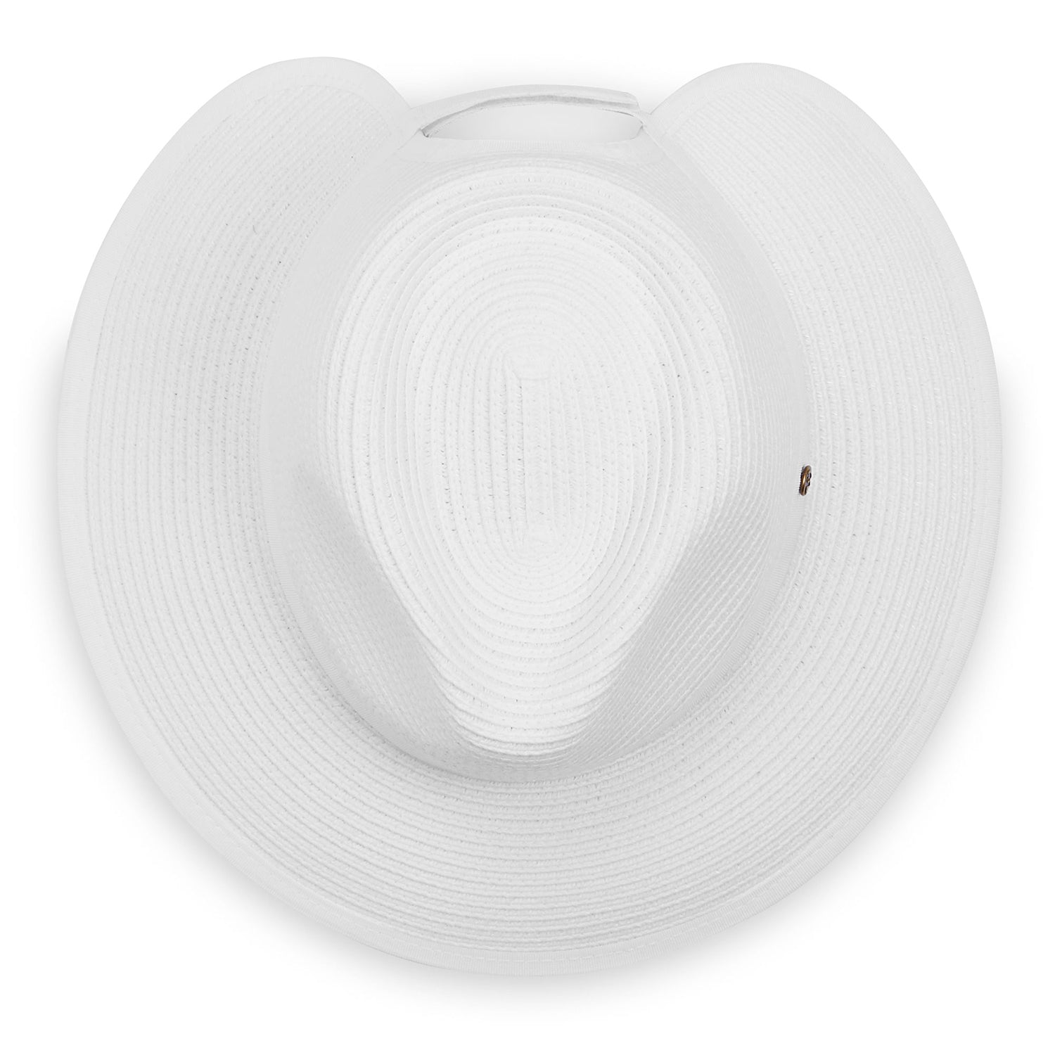 Top view of women's Gabi ponytail packable sun hat, White