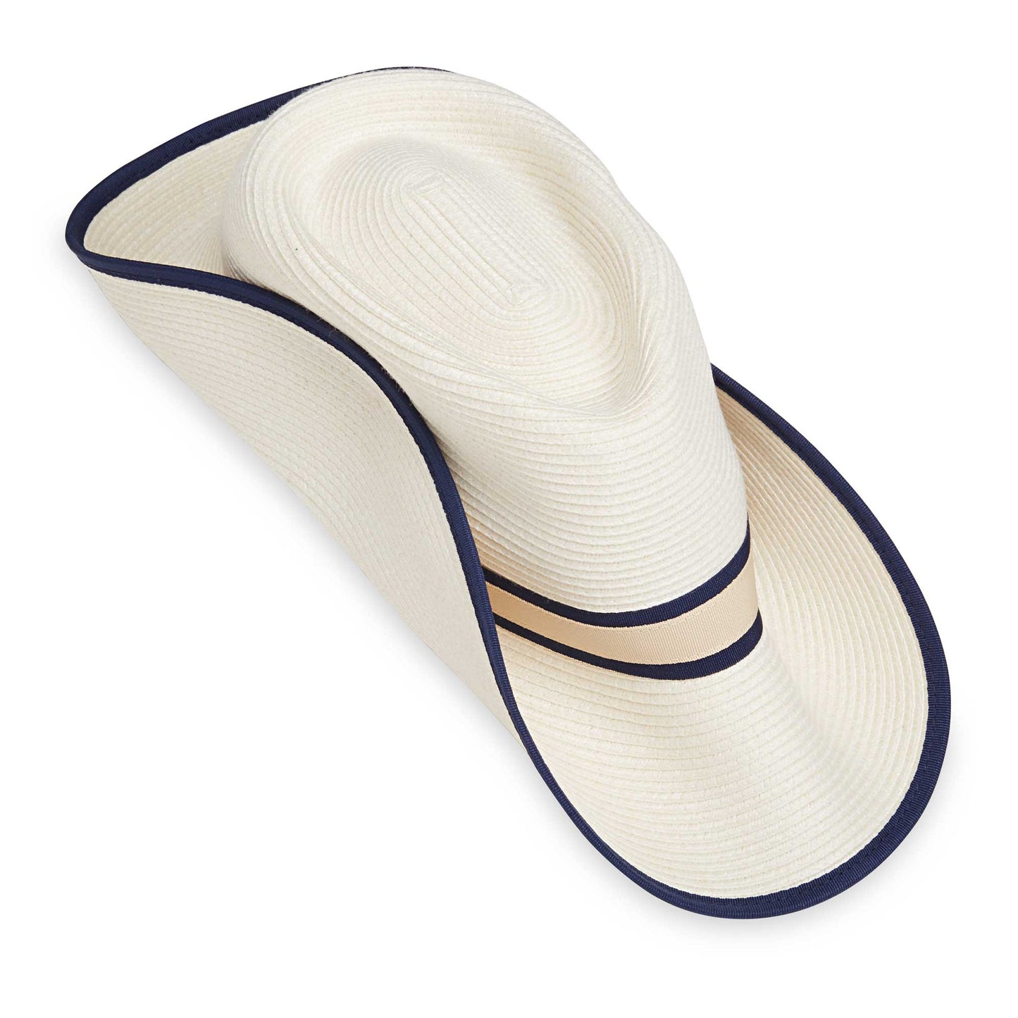 Taco fold packing of women's Greenwich fedora travel sun hat, Ivory