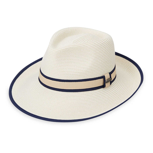 Front of women's Greenwich fedora travel sun hat, Ivory