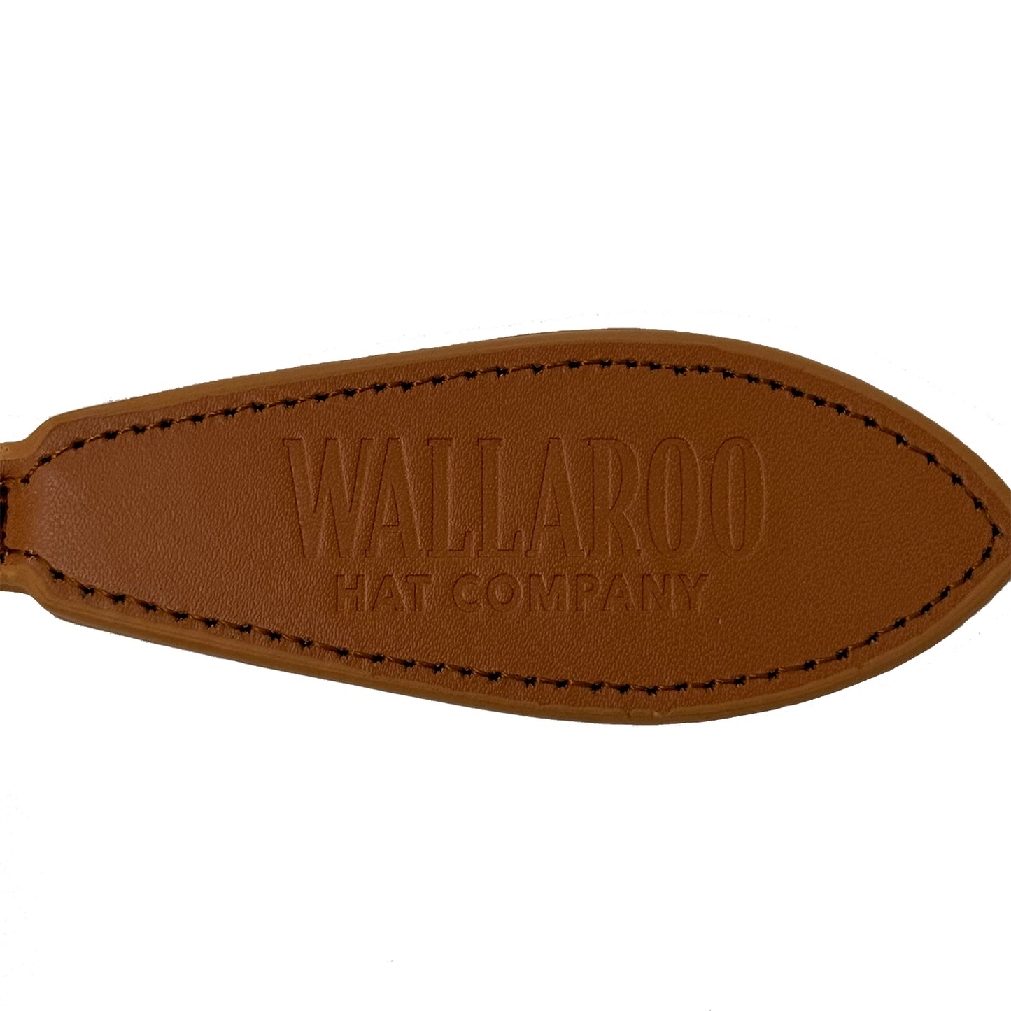 Brown leather hat clip with 'WALLAROO HAT COMPANY' branding on a white background
