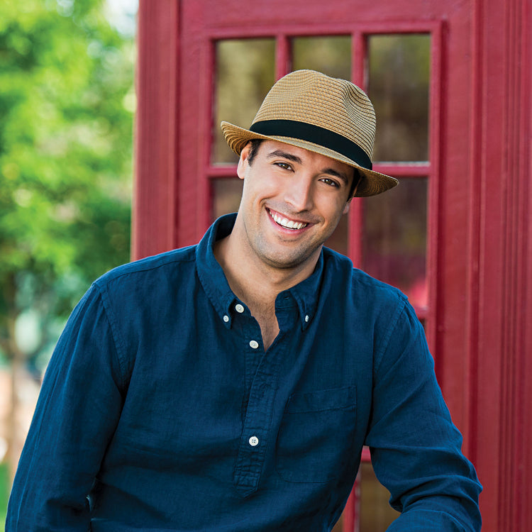 Man Wearing Fedora Style Justin Paper Braid Sun Hat in Natural from Wallaroo