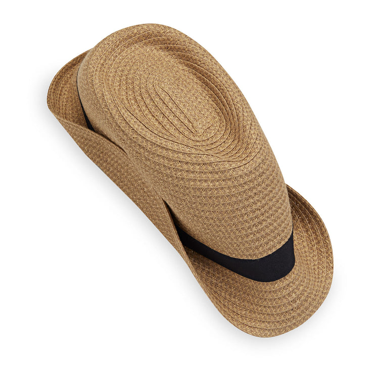 Packing view of Men's Justin fedora beach sun hat by Wallaroo, Natural