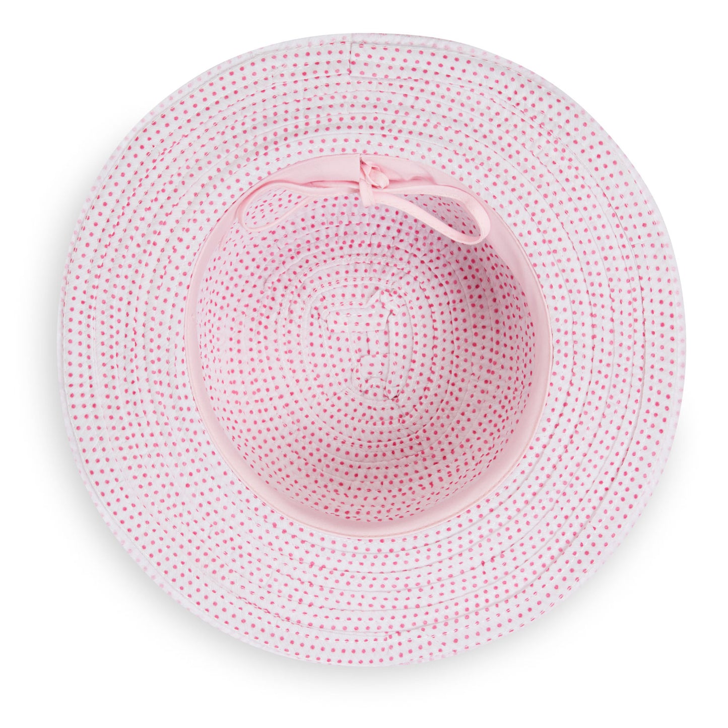 Inside of Kid's Scrunchie Wide Brim Crown Style UPF Sun Hat in White/Fuchsia dots from Wallaroo
