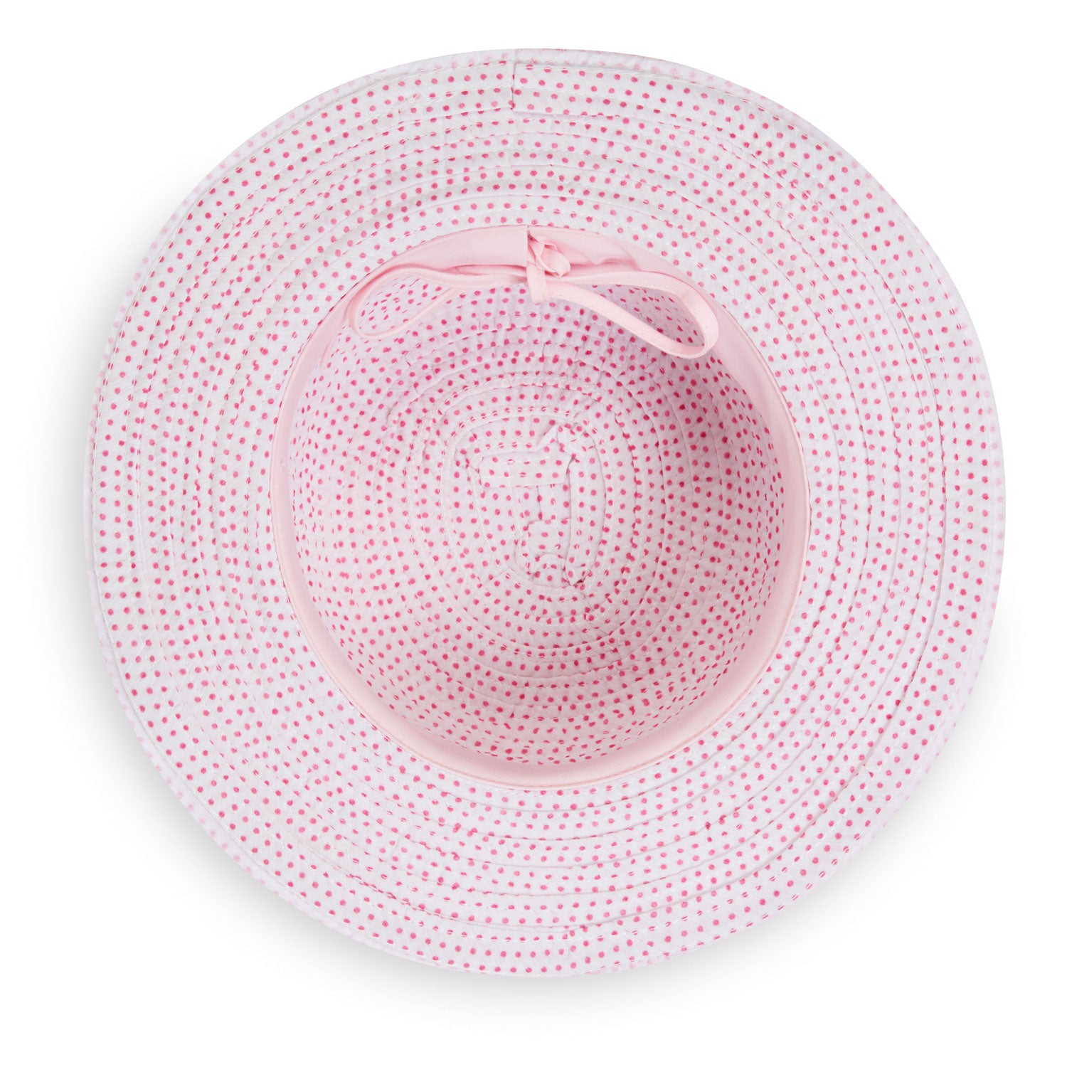 Inside of Kid's Scrunchie Wide Brim Crown Style UPF Sun Hat in White/Fuchsia dots from Wallaroo