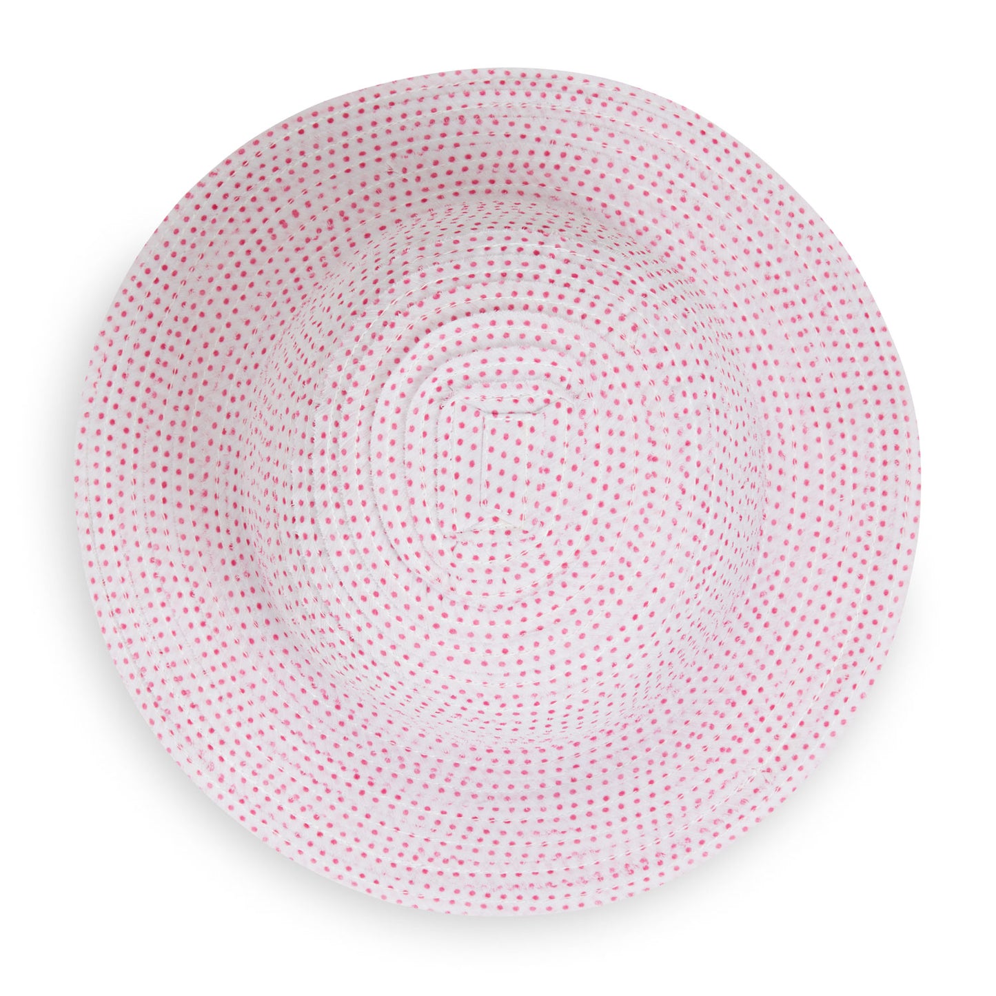 Top of Kid's Scrunchie Wide Brim Crown Style UPF Sun Hat in White/Fuchsia dots from Wallaroo