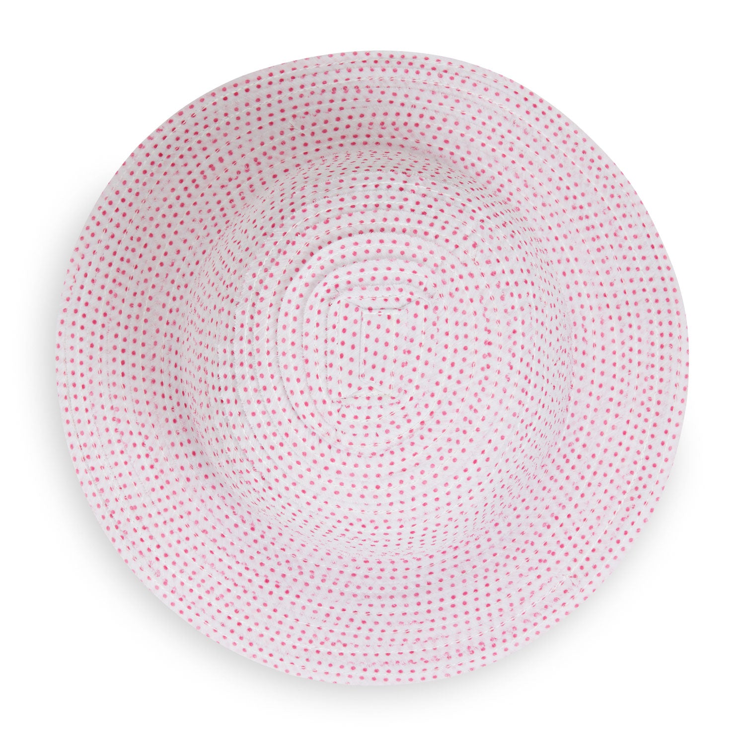Top of Kid's Scrunchie Wide Brim Crown Style UPF Sun Hat in White/Fuchsia dots from Wallaroo
