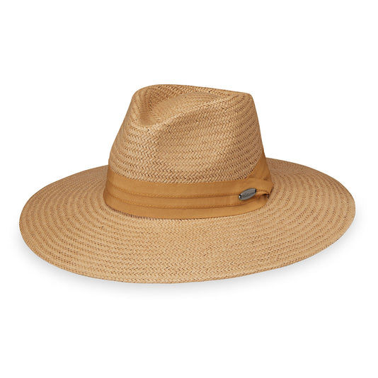 Wallaroo Klara fedora sun hat for women, natural fiber design with a wide brim, offering stylish and eco-friendly sun protection for sunny vacations, Camel