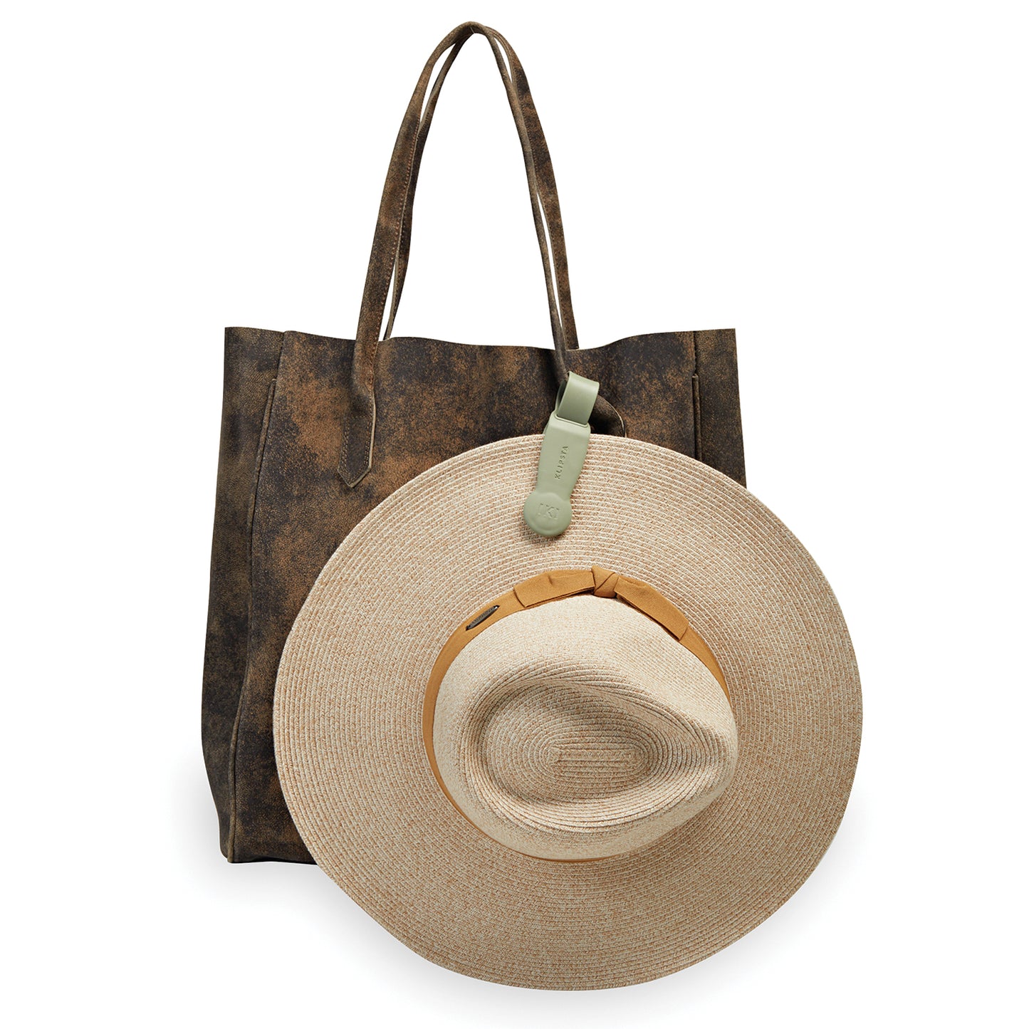 Wallaroo sun hat featuring cofi handbag and green Klipsta hat clip, Green