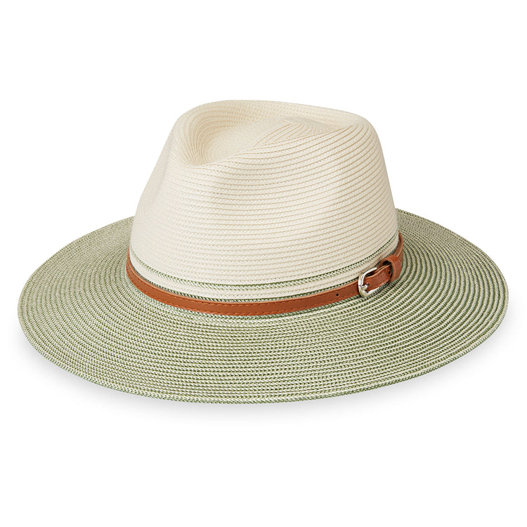 Wallaroo Kristy fedora wide brim sun hat for women, featuring a fashionable and packable design with UV protection, ideal for beach days and holidays, Ivory/Sage