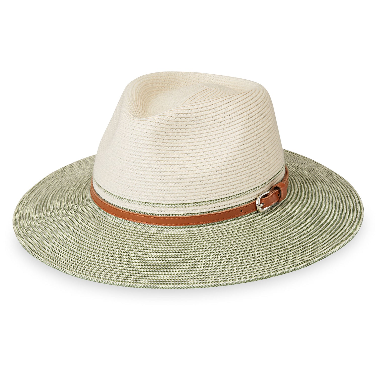 Featuring Wallaroo Kristy fedora wide brim sun hat for women, featuring a fashionable and packable design with UV protection, ideal for beach days and holidays, Ivory/Sage