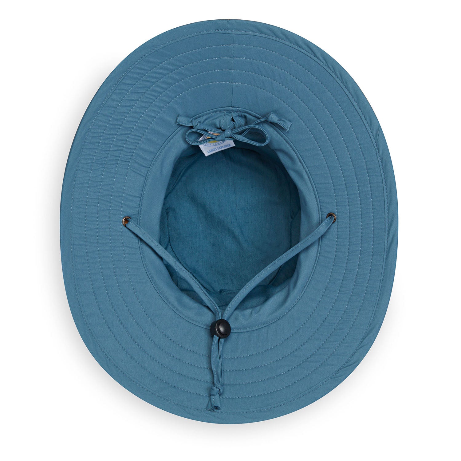 Inside view of women's UPF Packable Big Wide Brim Ladies' Explorer Sun Hat with Chinstrap from Wallaroo, Natural/Slate Blue