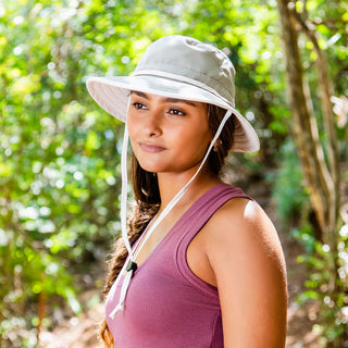 Wallaroo Women's Explorer Bucket Boone sun hat, unisex design, featuring UPF 50+ UV protection, lightweight material, and a wide brim for outdoor adventures, 'Stone/Natural'